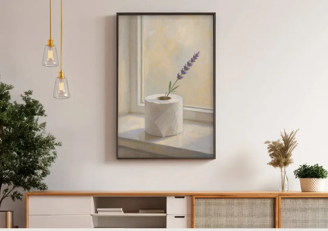 Bathroom Decor Wall Art with a Lavender Sprig canvas wall art above a wooden sideboard under pendant lights