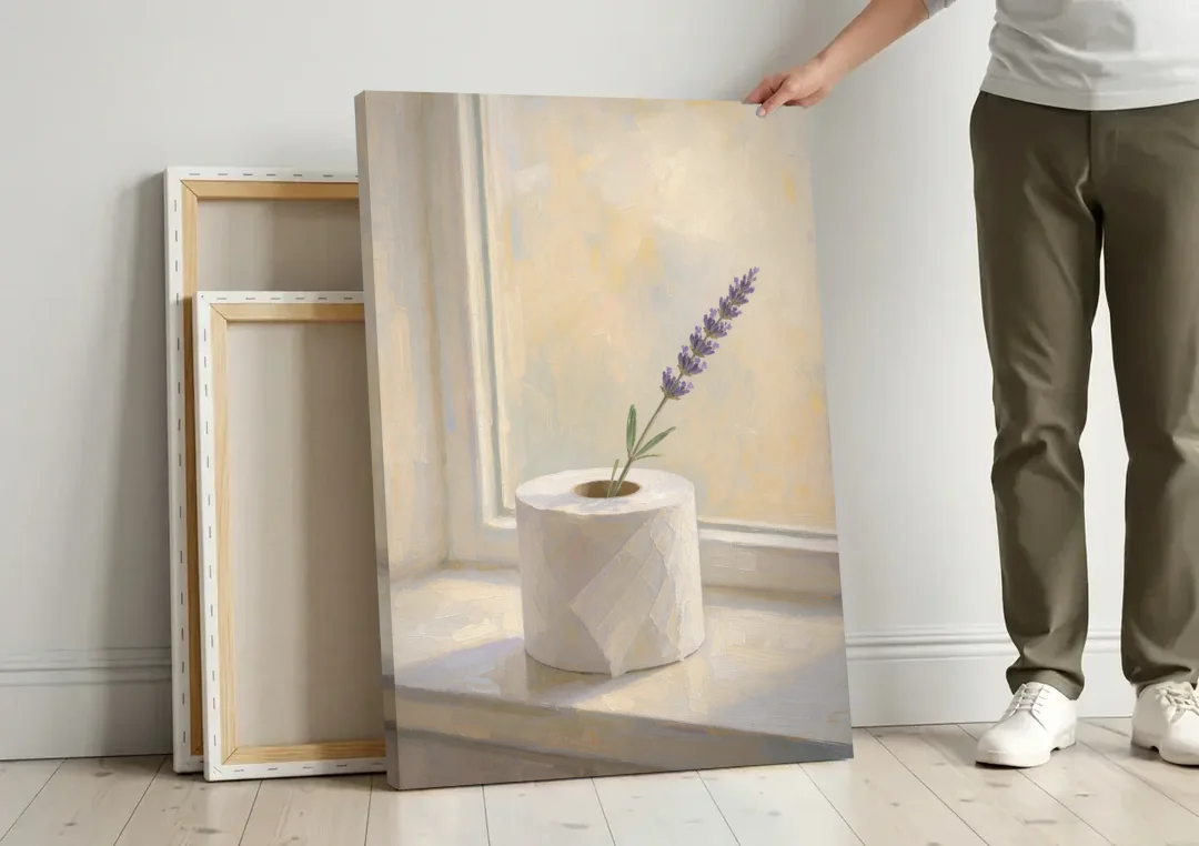 Bathroom Decor Wall Art with a Lavender Sprig canvas wall art leaning against a wall next to blank canvases