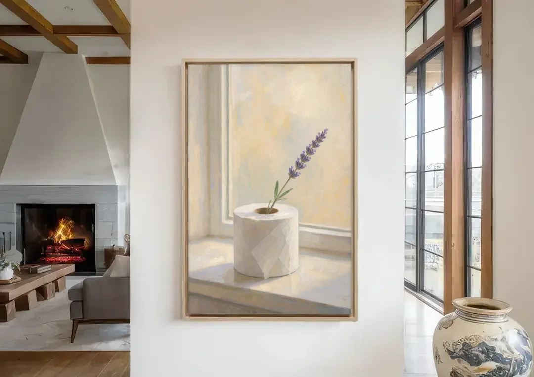 Bathroom Decor Wall Art with a Lavender Sprig canvas wall art in a living room with a fireplace