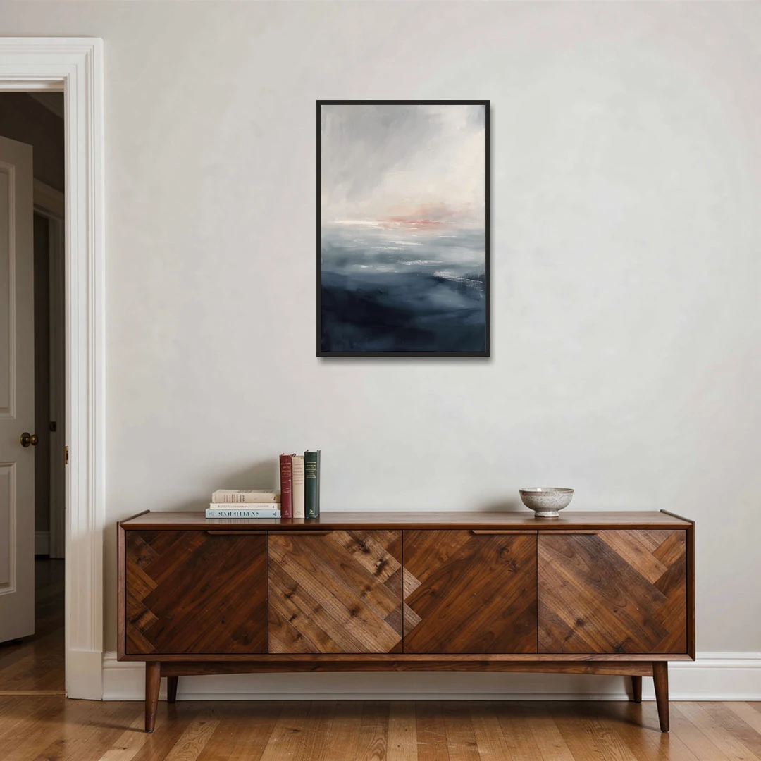 Bathroom Paintings Blush Dawn Over a Misty Sea - Black Framed Canvas Wall Art - Coffee Table - 24x36