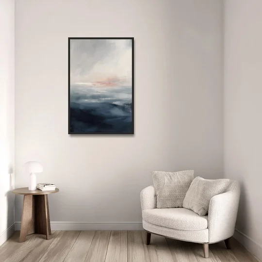 Bathroom Paintings Blush Dawn Over a Misty Sea - Black Framed Canvas Wall Art - Sofa - 24x36