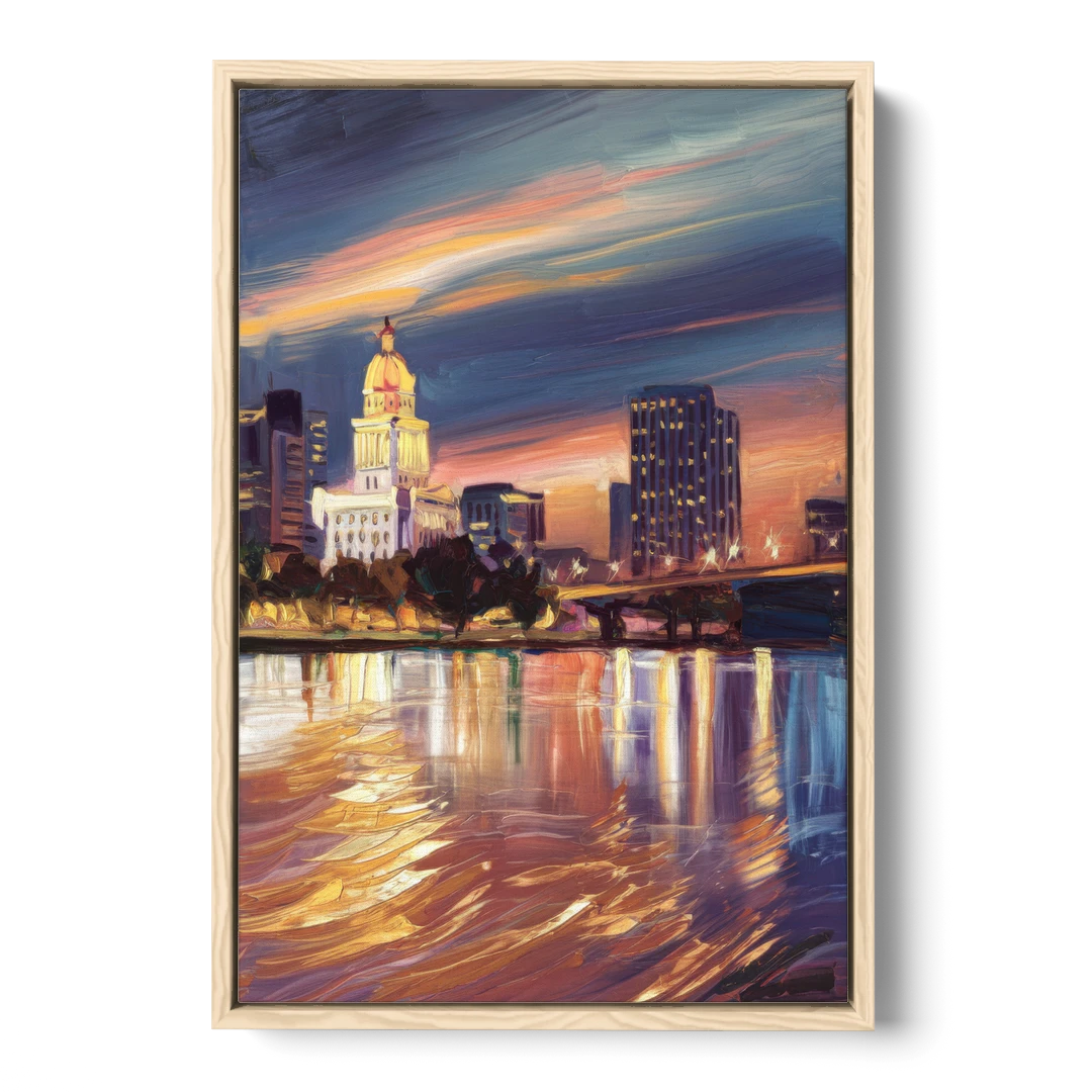Baton Rouge Cityscape Twilight - Oak Framed Canvas Wall Art - Front