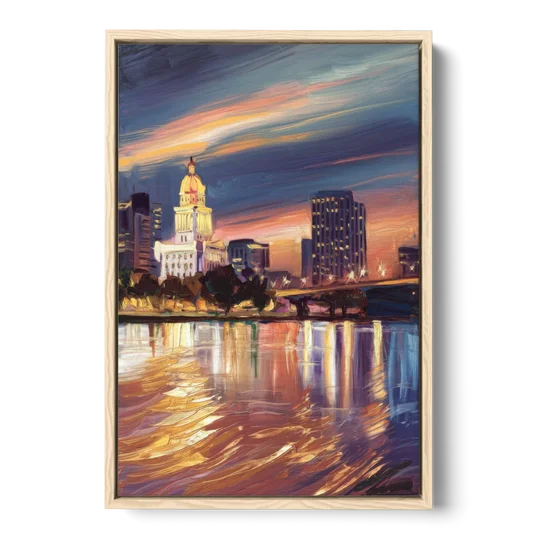 Baton Rouge Cityscape Twilight - Oak Framed Canvas Wall Art - Front