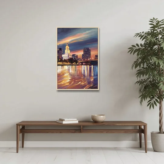 Baton Rouge Cityscape Twilight - Oak Framed Canvas Wall Art - Coffee Table - 24x36