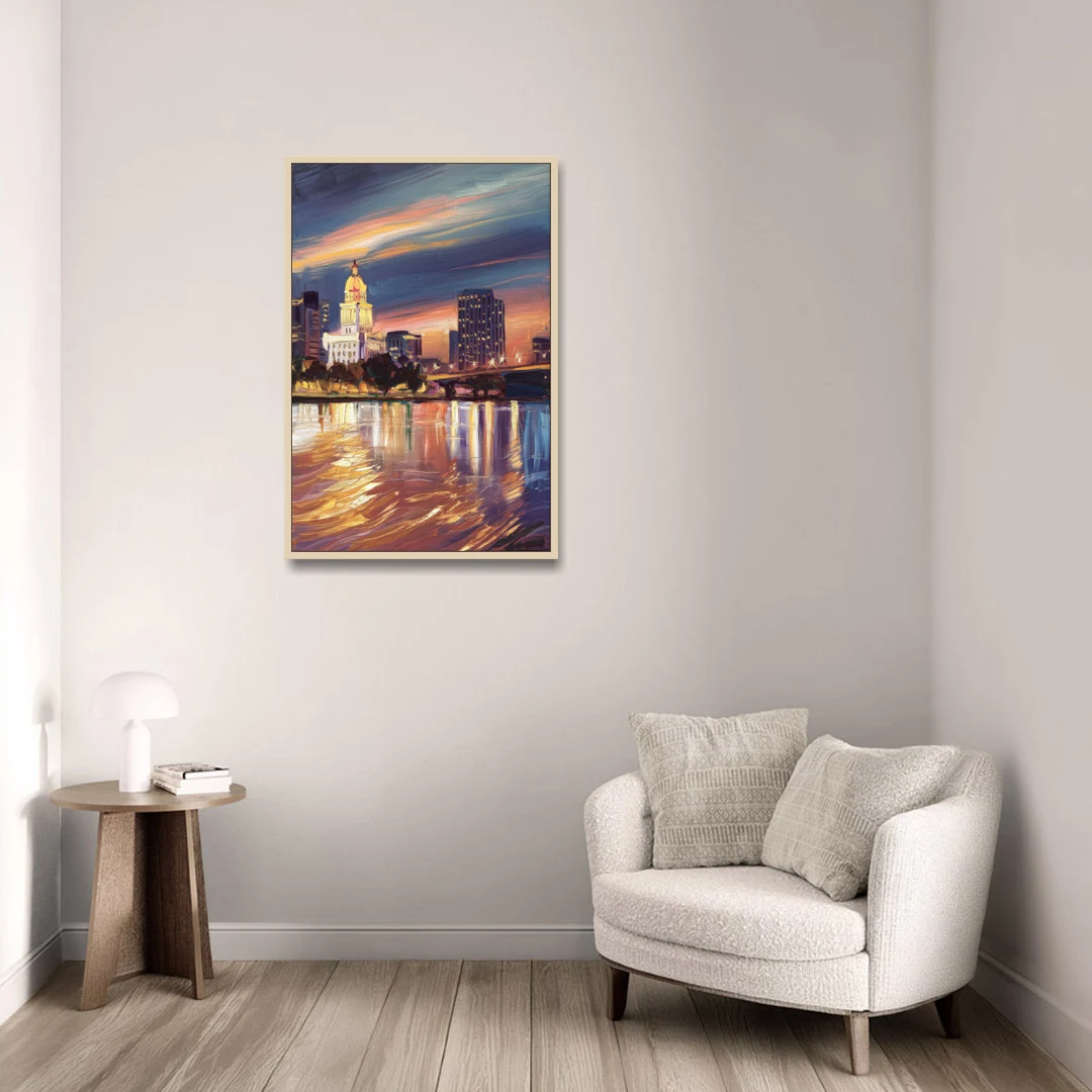 Baton Rouge Cityscape Twilight - Oak Framed Canvas Wall Art - Sofa - 24x36