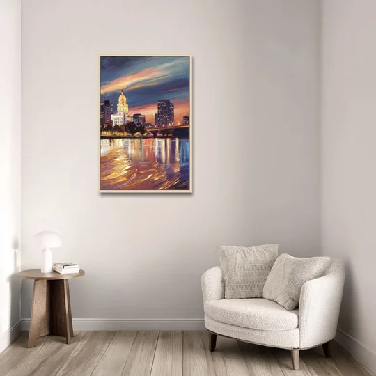 Baton Rouge Cityscape Twilight - Oak Framed Canvas Wall Art - Sofa - 24x36