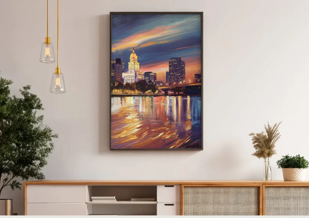 Baton Rouge Cityscape Twilight canvas wall art above a wooden sideboard under pendant lights