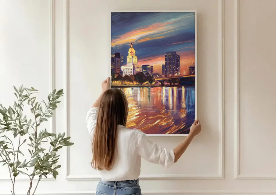 Baton Rouge Cityscape Twilight canvas wall art being hung on a paneled wall