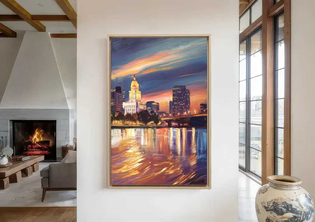Baton Rouge Cityscape Twilight canvas wall art in a living room with a fireplace