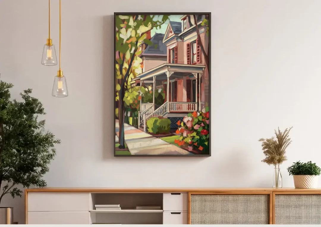 Baton Rouge Garden District Charm canvas wall art above a wooden sideboard under pendant lights