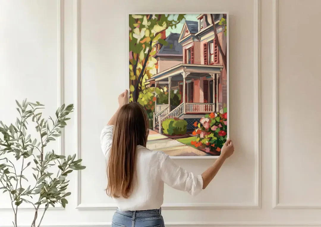 Baton Rouge Garden District Charm canvas wall art being hung on a paneled wall