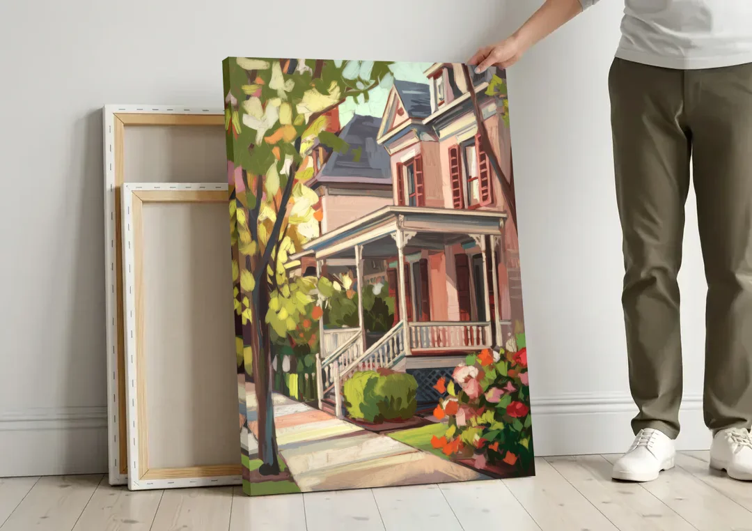 Baton Rouge Garden District Charm canvas wall art leaning against a wall next to blank canvases