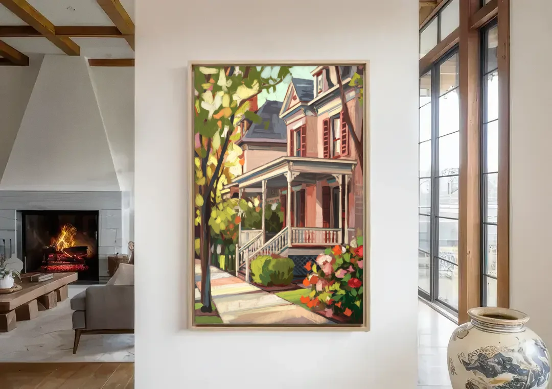 Baton Rouge Garden District Charm canvas wall art in a living room with a fireplace