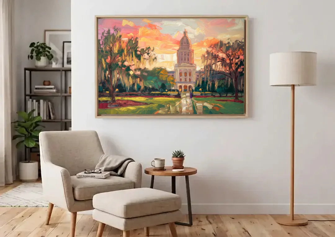 Baton Rouge Louisiana State Capitol canvas wall art above an armchair in a bright living room