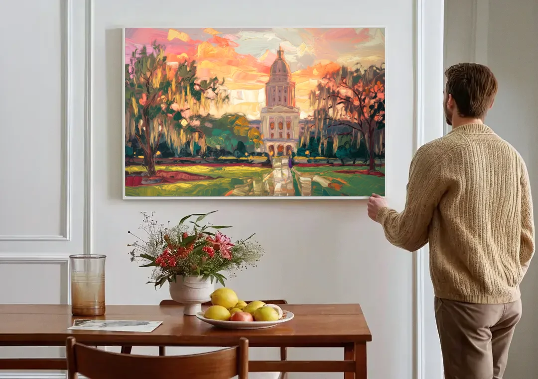 Baton Rouge Louisiana State Capitol canvas wall art above a dining table