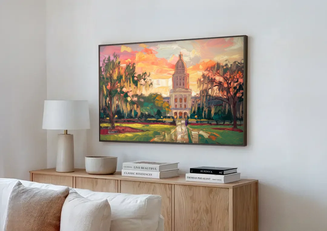 Baton Rouge Louisiana State Capitol canvas wall art above a wooden sideboard next to a sofa