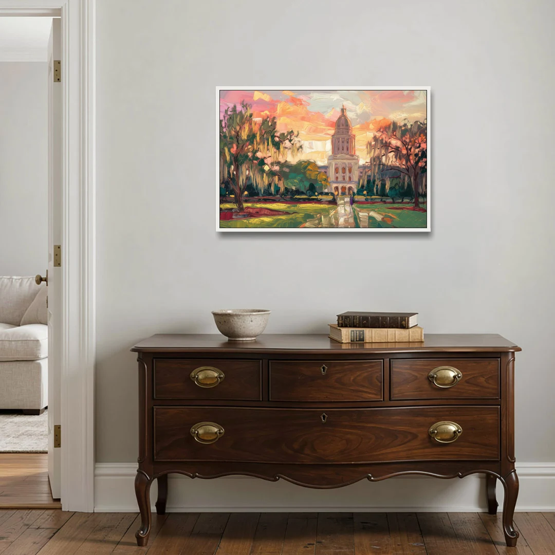 Baton Rouge Louisiana State Capitol - White Framed Canvas Wall Art - Coffee Table - 36x24