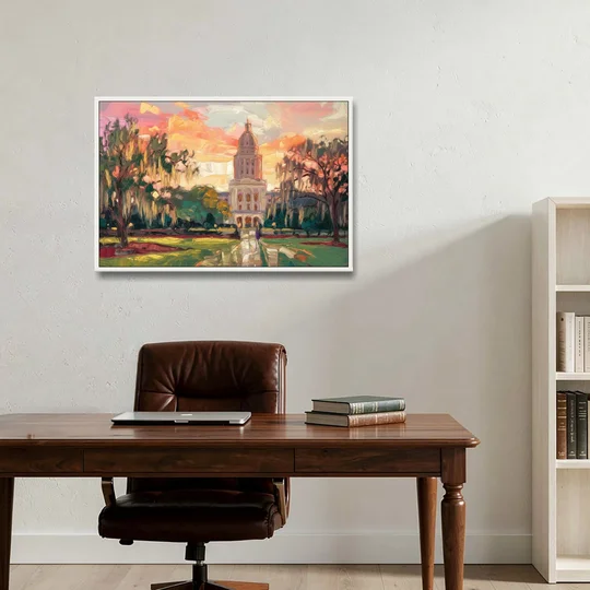 Baton Rouge Louisiana State Capitol - White Framed Canvas Wall Art - Office - 36x24