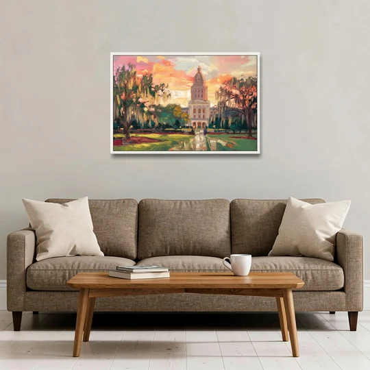 Baton Rouge Louisiana State Capitol - White Framed Canvas Wall Art - Sofa - 36x24