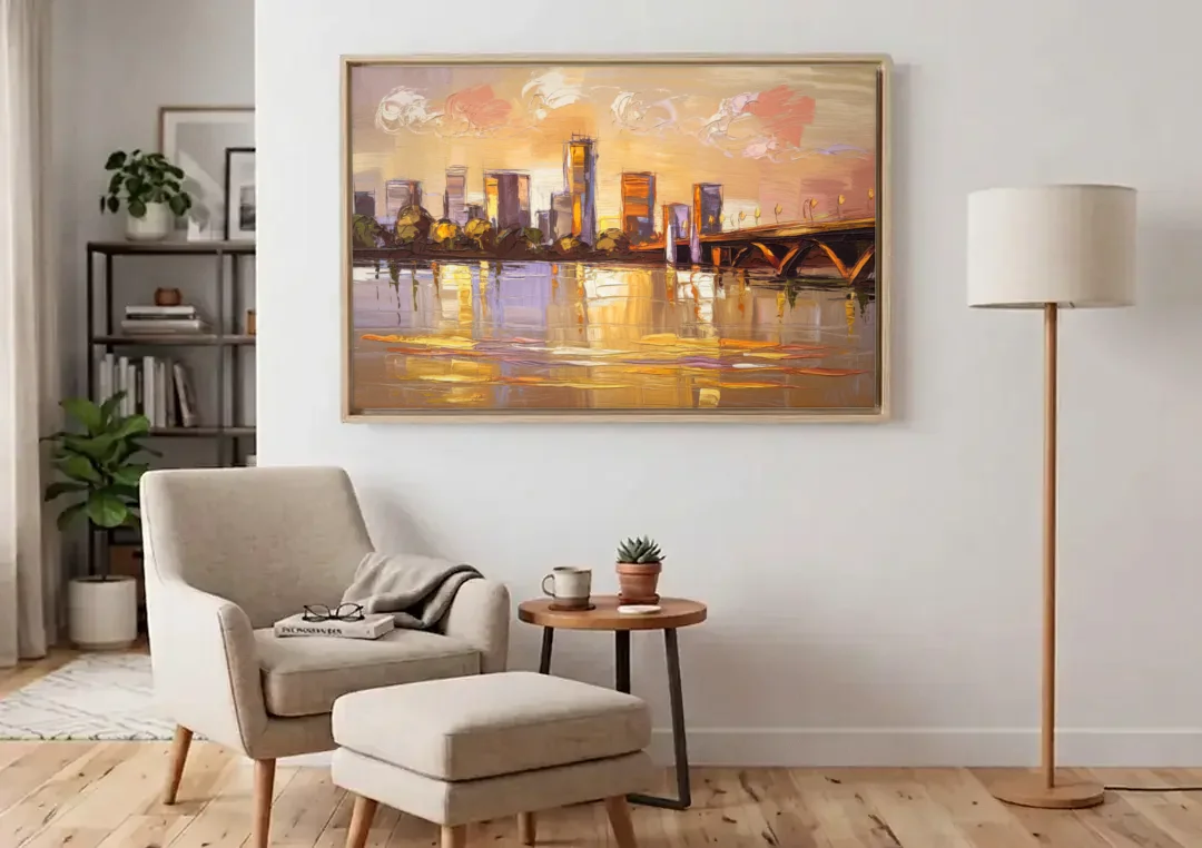 Baton Rouge Mississippi River View canvas wall art above an armchair in a bright living room