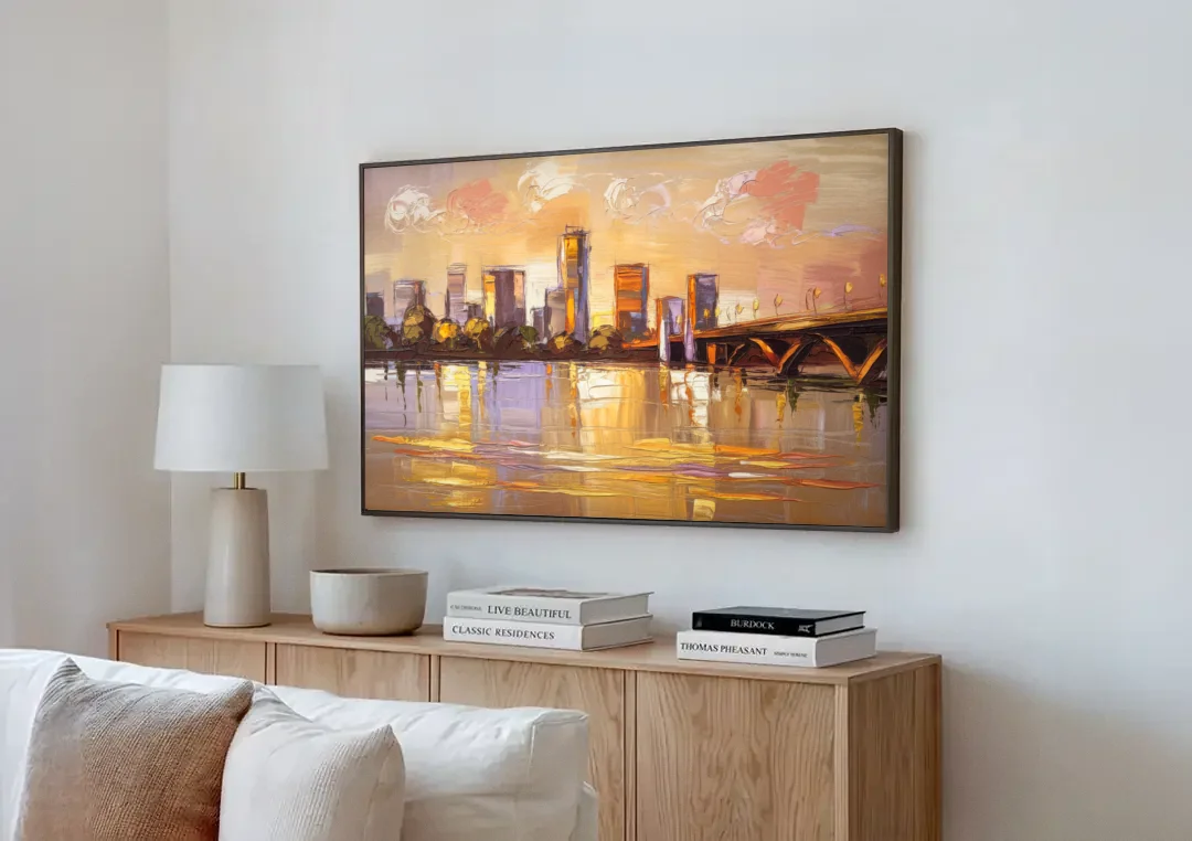 Baton Rouge Mississippi River View canvas wall art above a wooden sideboard next to a sofa