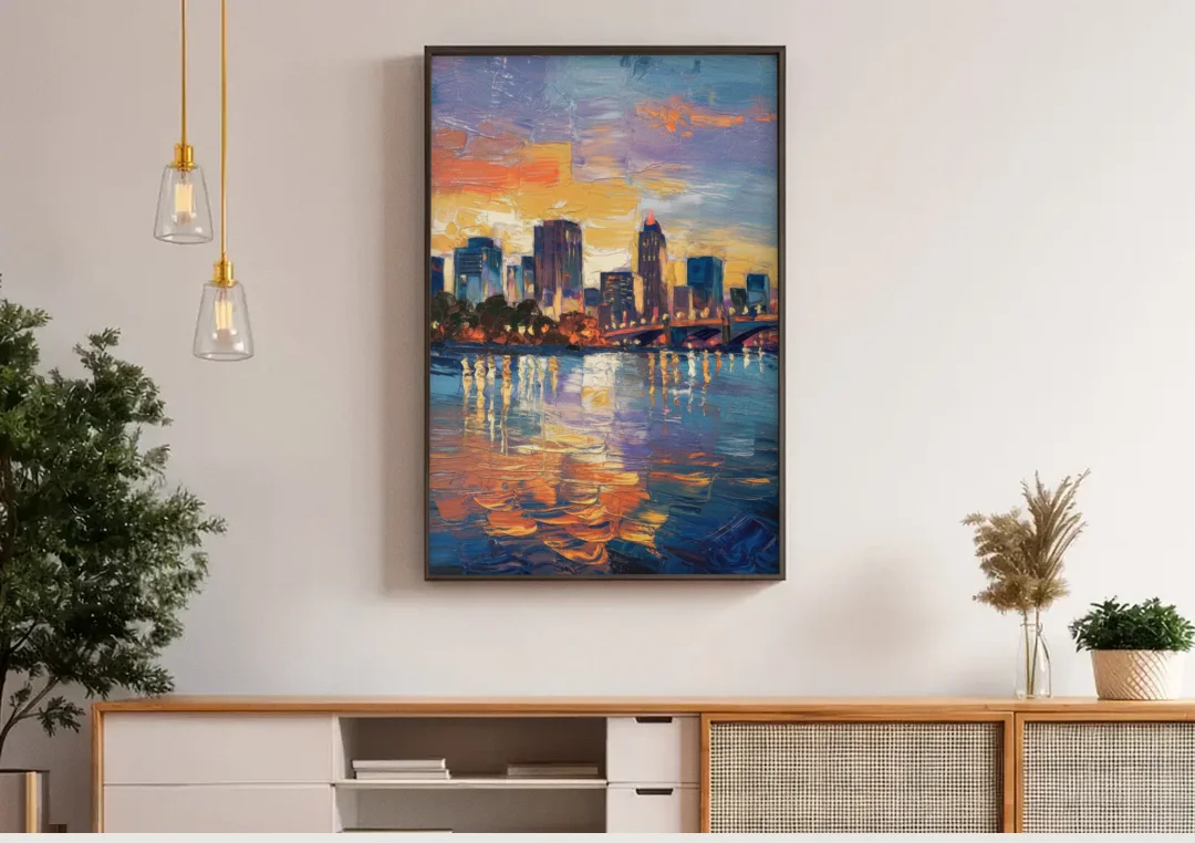 Baton Rouge Riverfront Beauty canvas wall art above a wooden sideboard under pendant lights