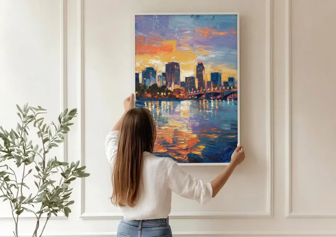 Baton Rouge Riverfront Beauty canvas wall art being hung on a paneled wall