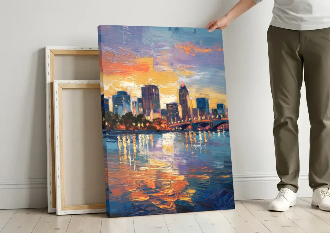 Baton Rouge Riverfront Beauty canvas wall art leaning against a wall next to blank canvases