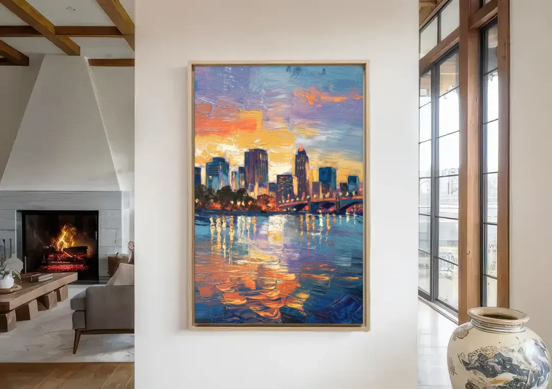Baton Rouge Riverfront Beauty canvas wall art in a living room with a fireplace
