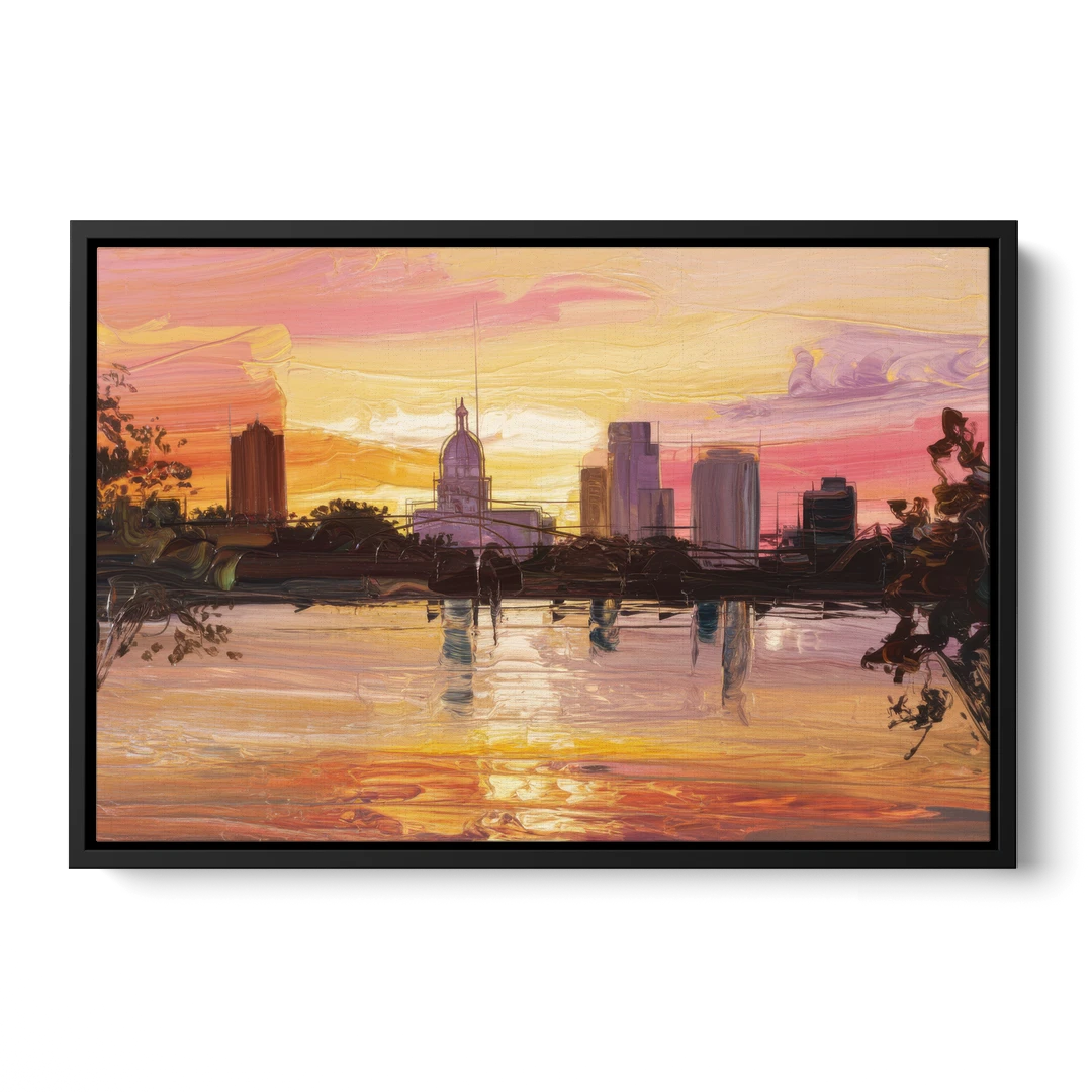 Baton Rouge Skyline Sunset - Black Framed Canvas Wall Art - Front