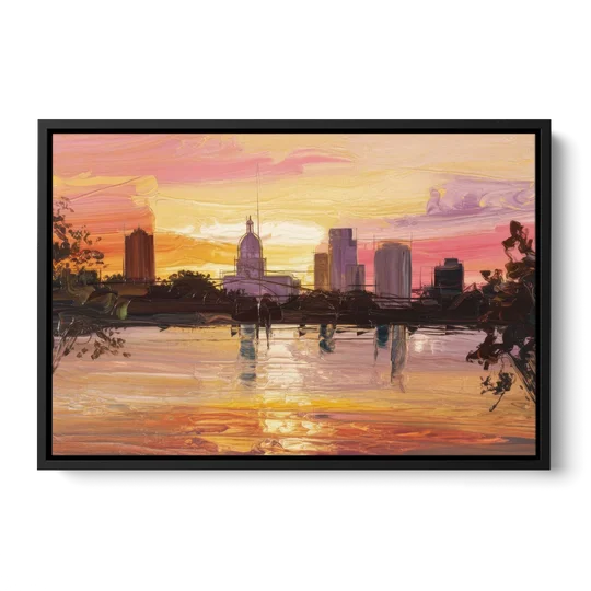 Baton Rouge Skyline Sunset - Black Framed Canvas Wall Art - Front