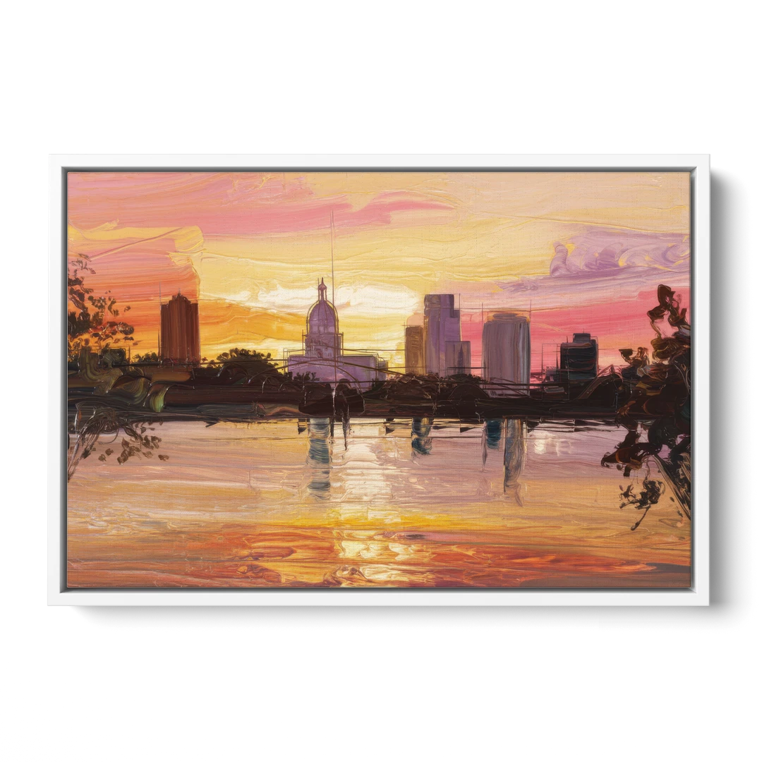 Baton Rouge Skyline Sunset - White Framed Canvas Wall Art - Front