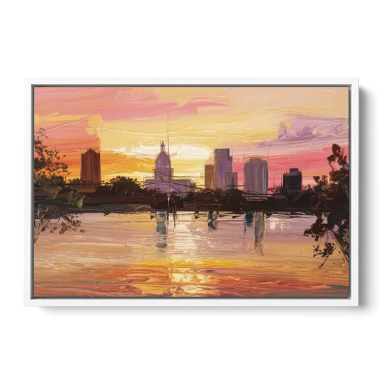 Baton Rouge Skyline Sunset - White Framed Canvas Wall Art - Front