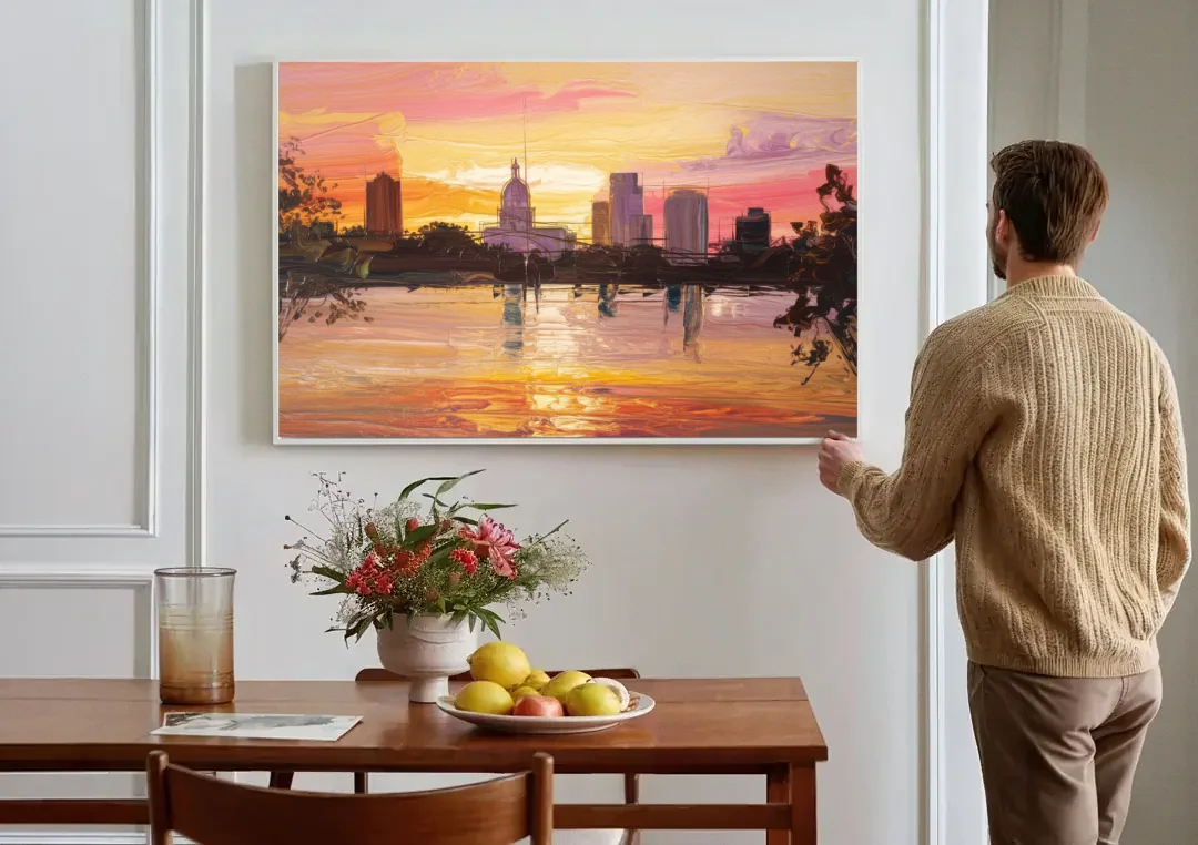 Baton Rouge Skyline Sunset canvas wall art above a dining table