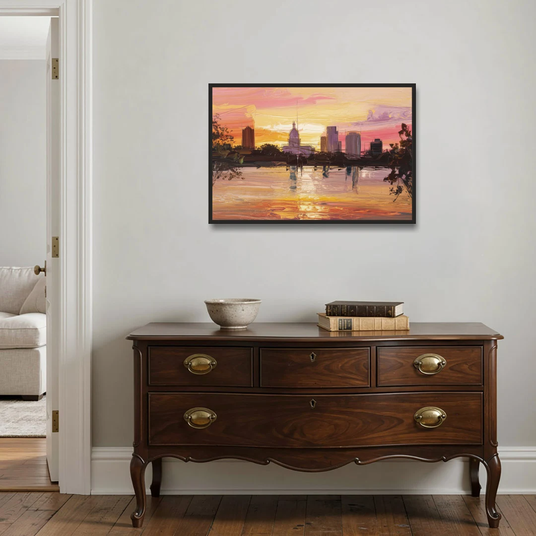 Baton Rouge Skyline Sunset - Black Framed Canvas Wall Art - Coffee Table - 36x24