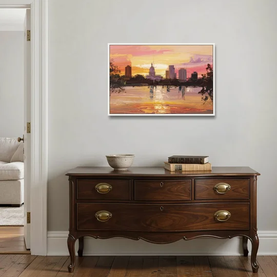 Baton Rouge Skyline Sunset - White Framed Canvas Wall Art - Coffee Table - 36x24