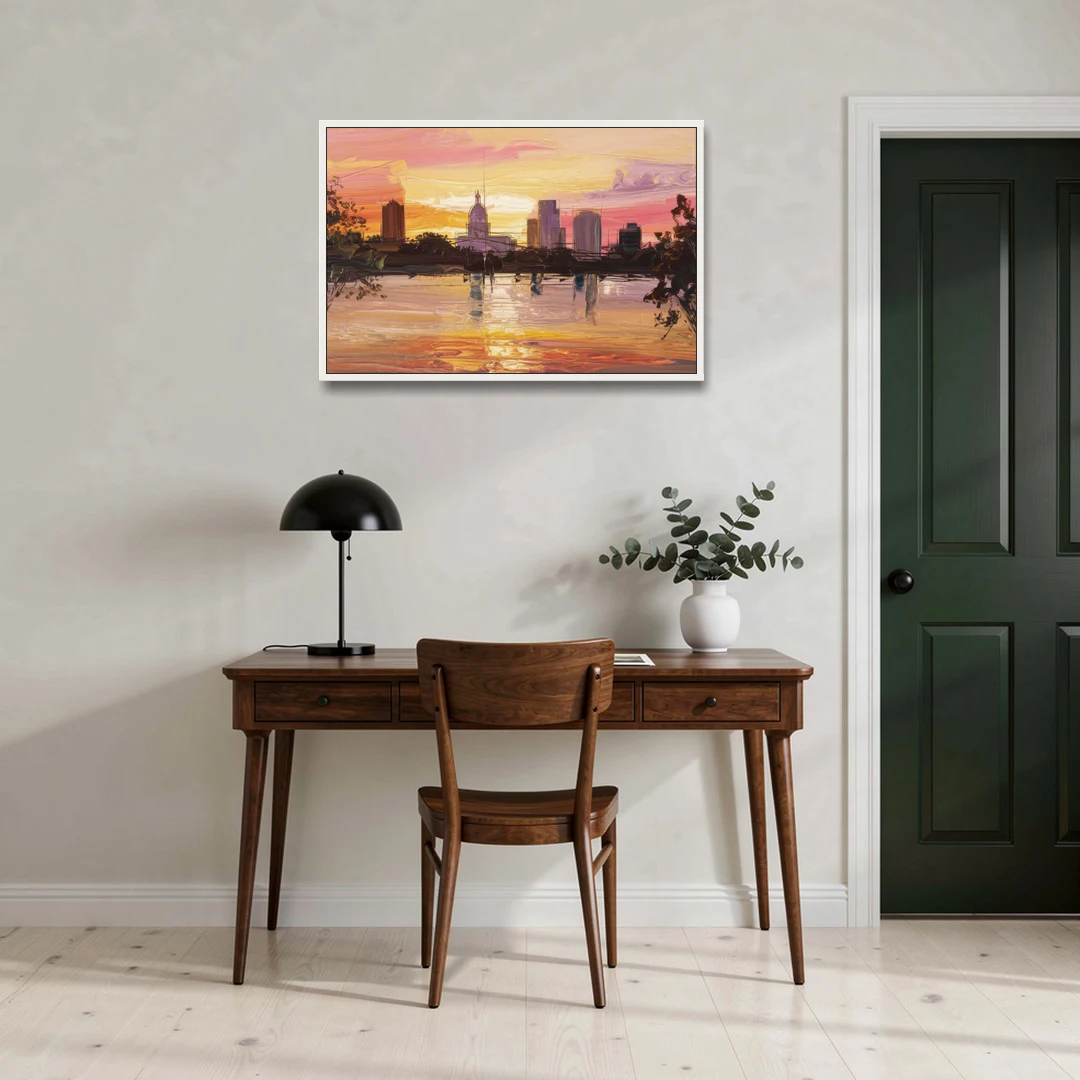 Baton Rouge Skyline Sunset - White Framed Canvas Wall Art - Office - 36x24