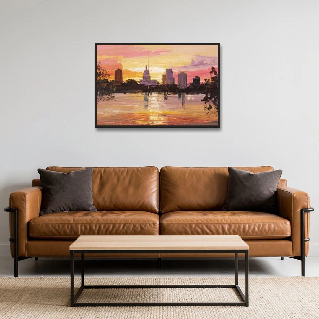 Baton Rouge Skyline Sunset - Black Framed Canvas Wall Art - Sofa - 36x24