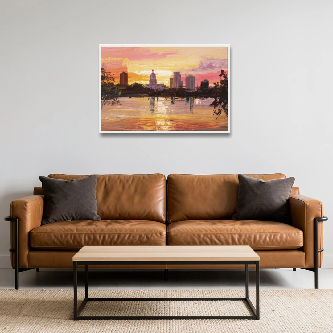 Baton Rouge Skyline Sunset - White Framed Canvas Wall Art - Sofa - 36x24