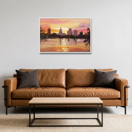 Baton Rouge Skyline Sunset - White Framed Canvas Wall Art - Sofa - 36x24