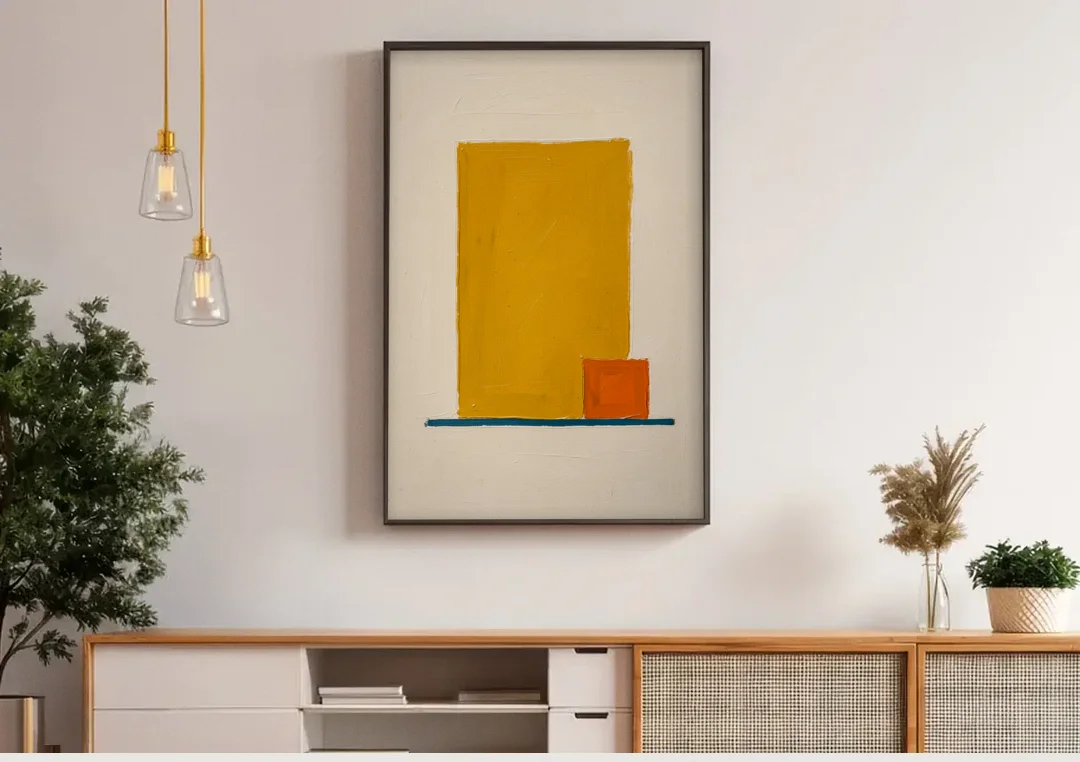 Bauhaus Wall Art with Yellow Block and Orange Square canvas wall art above a wooden sideboard under pendant lights