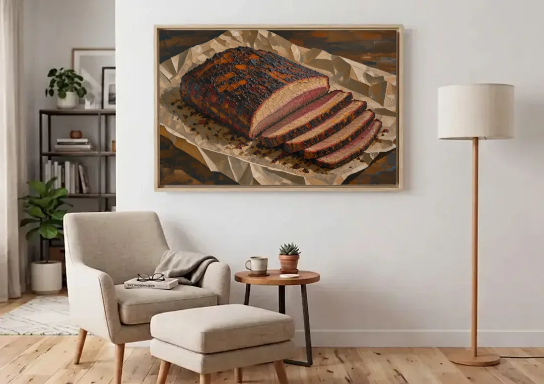 BBQ Art Smoked Brisket on Butcher Paper canvas wall art above an armchair in a bright living room