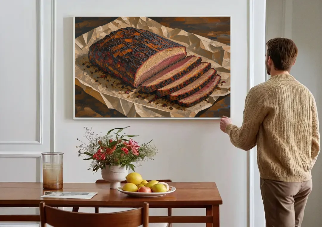 BBQ Art Smoked Brisket on Butcher Paper canvas wall art above a dining table