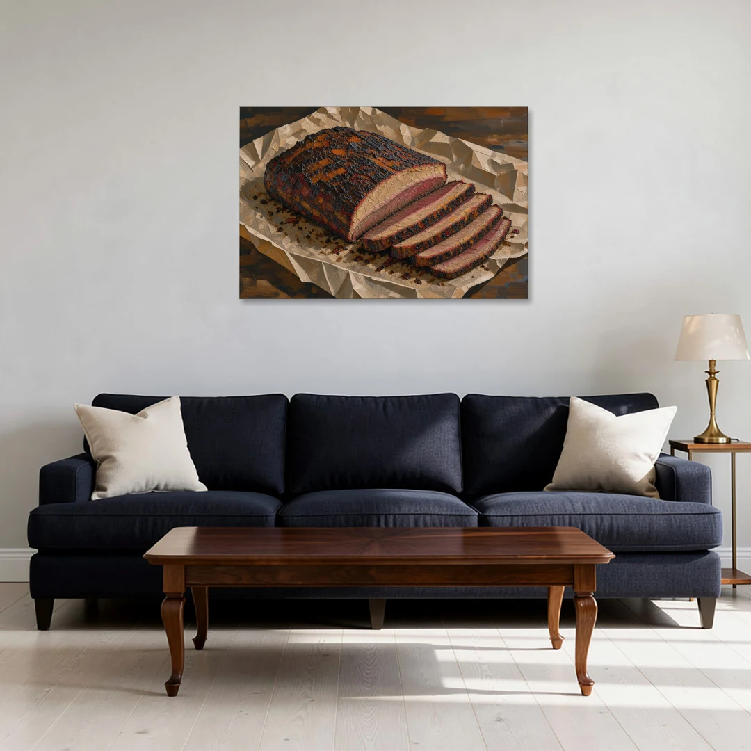 BBQ Art Smoked Brisket on Butcher Paper - Canvas Wall Art - Sofa - 36x24