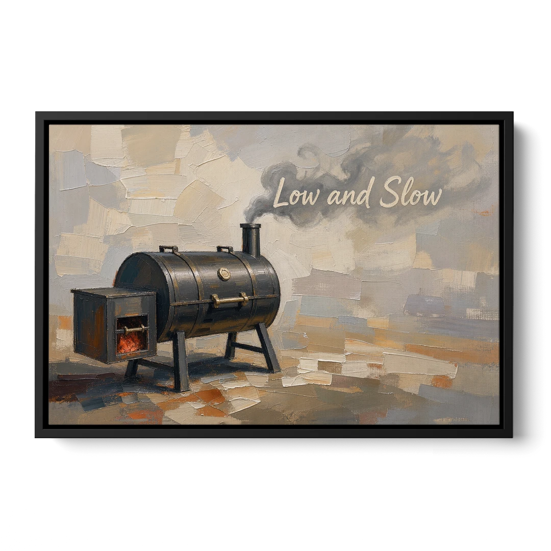 BBQ Decor Low and Slow Offset Smoker - Black Framed Canvas Wall Art - Front