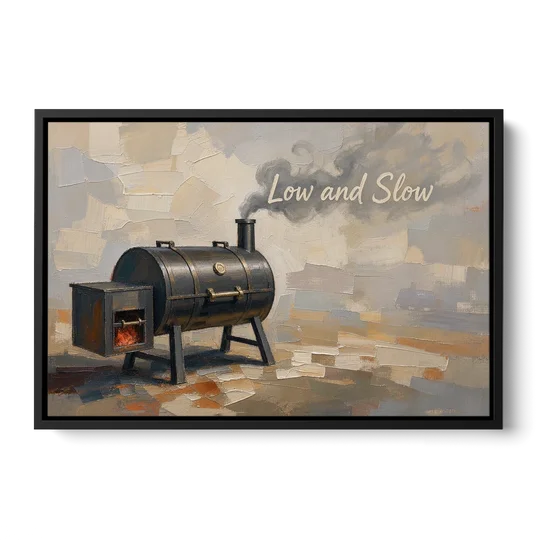 BBQ Decor Low and Slow Offset Smoker - Black Framed Canvas Wall Art - Front