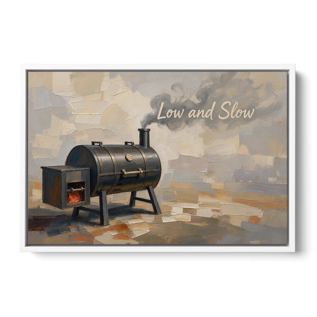 BBQ Decor Low and Slow Offset Smoker - White Framed Canvas Wall Art - Front