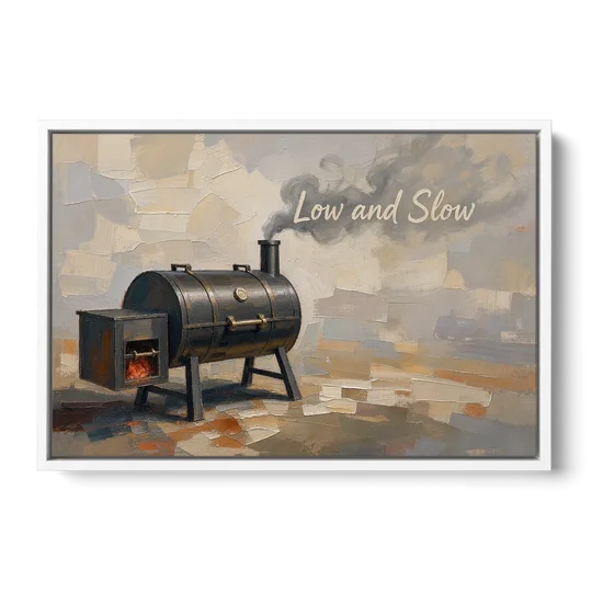 BBQ Decor Low and Slow Offset Smoker - White Framed Canvas Wall Art - Front
