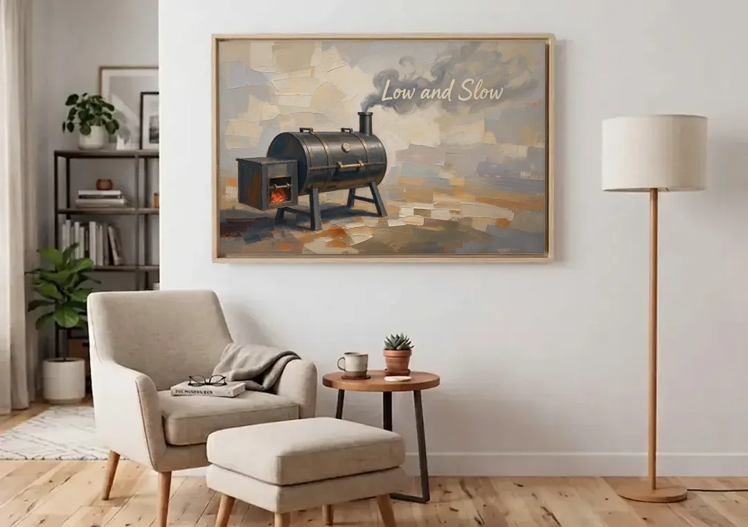 BBQ Decor Low and Slow Offset Smoker canvas wall art above an armchair in a bright living room