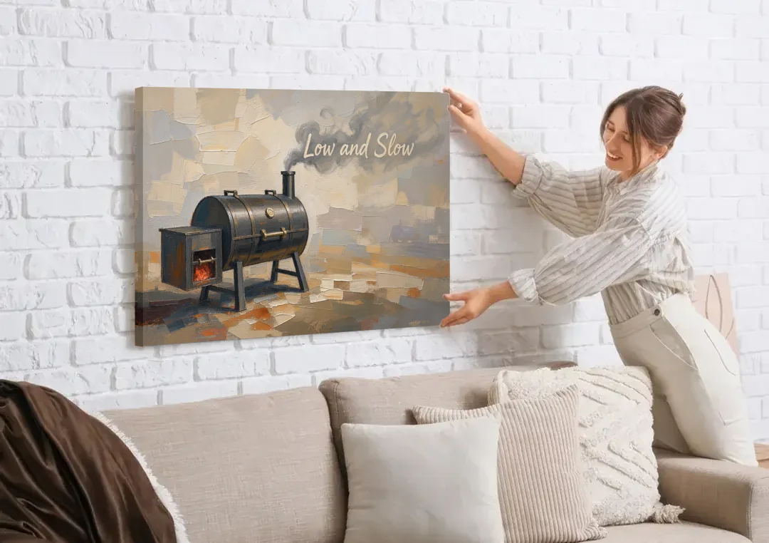 BBQ Decor Low and Slow Offset Smoker canvas wall art being hung on a white brick wall above a sofa